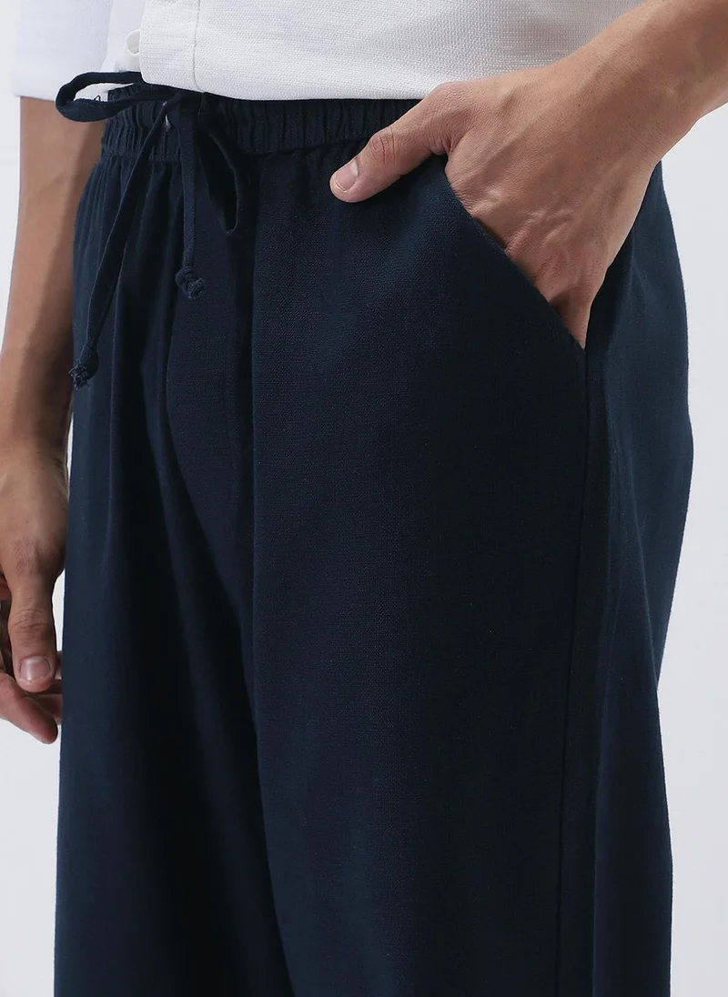 Urbano Fashion  Urbano Fashion Men's Navy Loose Fit Solid Linen Blend Trousers Non-Stretchable for Men | Best Price UAE